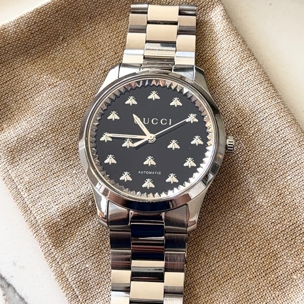 Gucci Black and Silver Bee Motif Watch